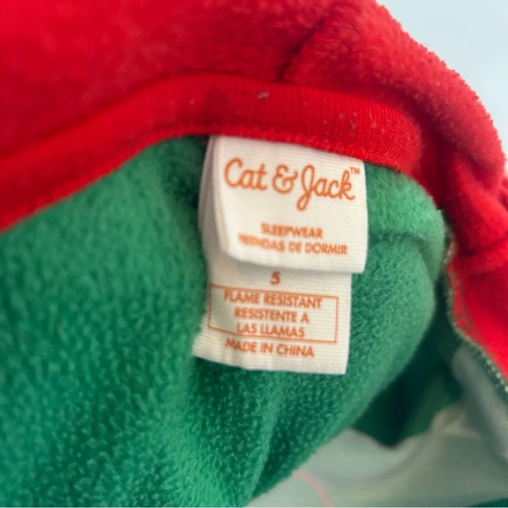 Cat & Jack Unisex Size 5 Elf One-Piece Fleece‎ Sleepwear Zip-Up Pajama with Hood